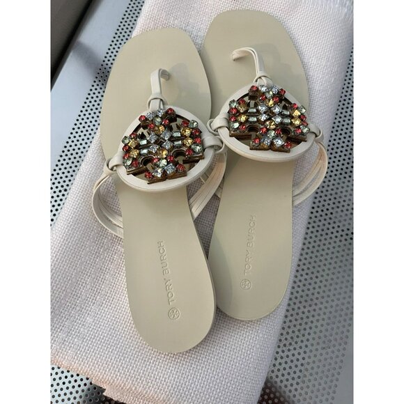 Tory Burch Crystal Miller Square Toe Calf Leather / Embellished Sandals Size 8.5 - Picture 3 of 4